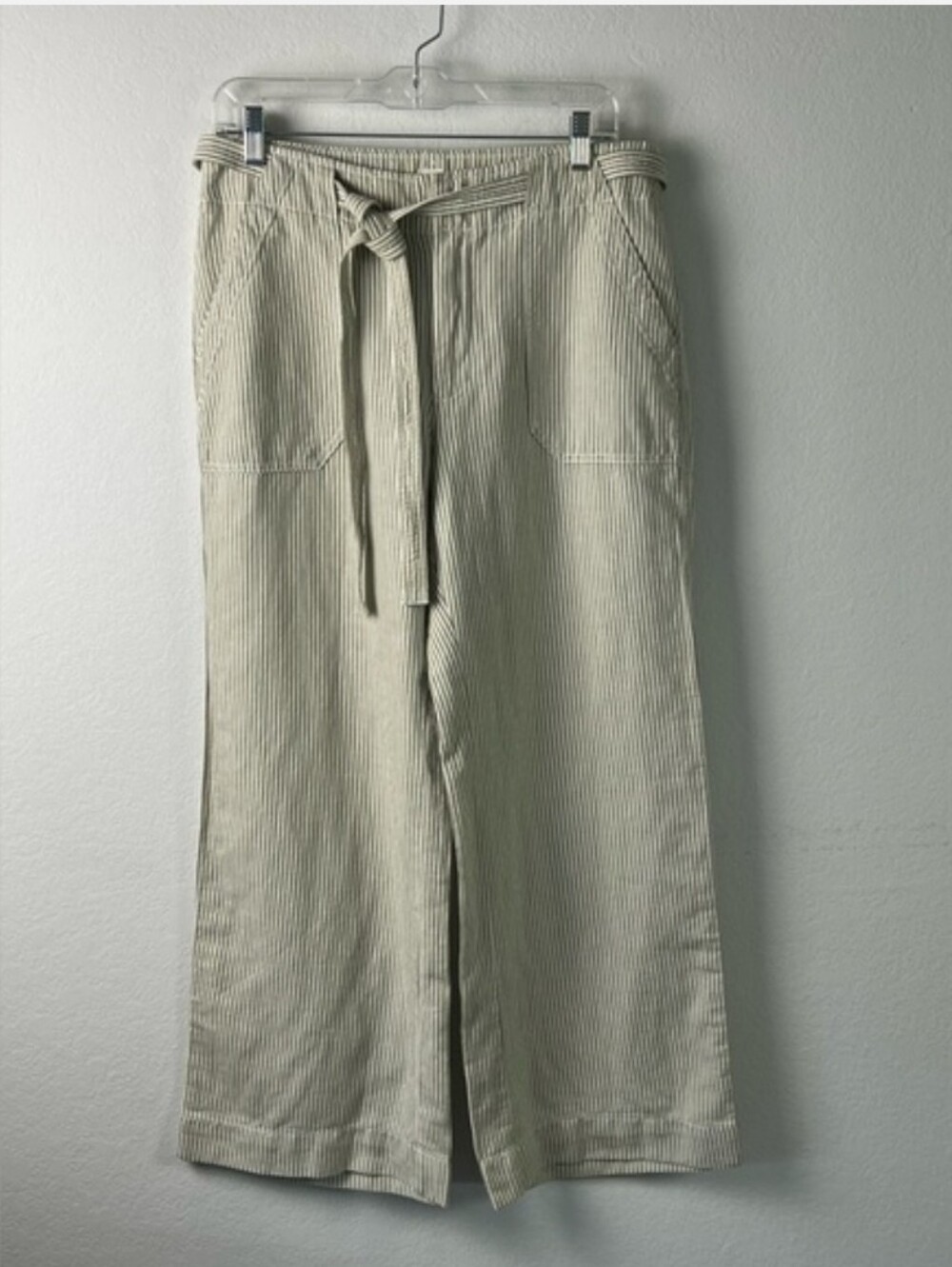 GAP Linen Cotton Beige & White Striped Wide Leg Trousers Size 10 Petite